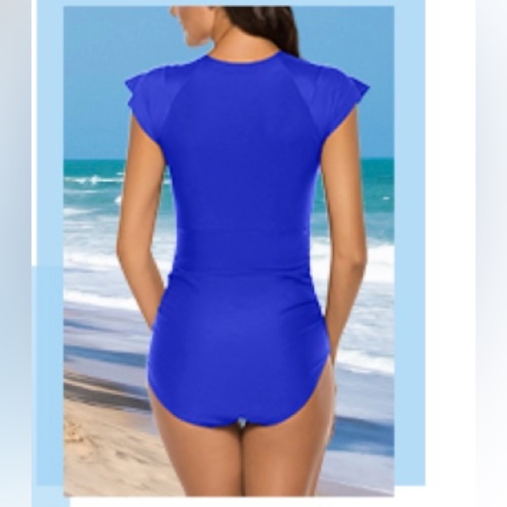 SEBOWEL BLUE Short Sleeve Zip Front Rash Guard One Piece Athletic Swimwear XXL - Picture 2 of 9